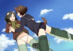  2girls absurdres animal_ears ass azu_(yamahasu1245) blush brave_witches breasts brown_hair brown_jacket cloud dog_ears eyebrows_visible_through_hair flying green_eyes green_hair hair_ornament hairclip highres holding_hands jacket kanno_naoe karibuchi_hikari looking_at_another military military_uniform multiple_girls navel open_mouth panties scarf shiny shiny_hair short_hair sky small_breasts smile squirrel_ears squirrel_tail striker_unit swimsuit swimwear tail teeth tongue underwear uniform upper_teeth white_panties world_witches_series yuri 