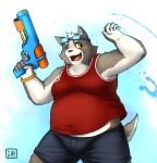  absurd_res anthro belly canid clothed clothing eyewear fur goggles goggles_on_head grey_body grey_fur hi_res holding_object male mammal moobs navel one_eye_closed open_mouth open_smile overweight overweight_male shinoda_hamazaki smile solo water water_gun white_body white_fur 