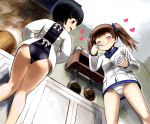  2girls apron ass blush brave_witches brown_eyes brown_hair closed_eyes closed_mouth eating eyebrows_visible_through_hair from_below frying_pan georgette_lemare groin hair_ornament hair_ribbon heart hosoinogarou indoors military military_uniform multiple_girls open_mouth panties ribbon school_swimsuit shimohara_sadako short_hair smile standing swimsuit swimwear thighs tongue twintails underwear uniform white_panties world_witches_series 