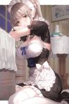  1girl apron armpit_cutout blurry blurry_background braid breasts cleavage commentary_request green_eyes highres indoors kfr large_breasts long_hair looking_at_viewer maid_headdress original ponytail sitting solo thighhighs waist_apron wariza white_legwear wrist_cuffs zettai_ryouiki 