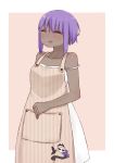  1girl ^_^ apron bangs bare_arms bare_shoulders blush brown_background closed_eyes dark_skin dress eyebrows_visible_through_hair fate/prototype fate/prototype:_fragments_of_blue_and_silver fate_(series) hair_between_eyes hassan_of_serenity_(fate) i.u.y jewelry open_mouth purple_hair ring sleeveless sleeveless_dress solo strap_slip striped striped_apron two-tone_background upper_teeth vertical-striped_apron vertical_stripes white_background white_dress 