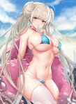  1girl ahoge alternate_costume azur_lane bangs beach bikini blue_bikini blue_sky blush braid breasts choker cleavage cloud cyicheng day double_bun eyebrows_visible_through_hair finger_to_mouth formidable_(azur_lane) formidable_(the_lady_of_the_beach)_(azur_lane) large_breasts long_hair looking_at_viewer navel outdoors red_eyes revision sidelocks single_thighhigh skindentation sky solo swimsuit thighhighs toned very_long_hair 
