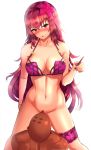 1boy 1girl alternate_costume bald bikini blush bottomless bracelet breasts cleavage clyde_s cunnilingus fate/grand_order fate_(series) femdom flower fountain_pen hair_flower hair_intakes hair_ornament hibiscus highres jewelry leg_garter looking_down navel open_mouth oral pen pink_bikini purple_bikini purple_hair red_eyes scathach_(fate)_(all) scathach_(swimsuit_assassin)_(fate) solo_focus swimsuit tally 