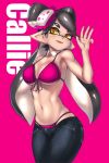  +_+ 1girl aori_(splatoon) arm_behind_back bikini bikini_under_clothes black_hair black_pants breasts character_name cleavage collar commentary cowboy_shot denim detached_collar domino_mask food food_on_head front-tie_bikini front-tie_top guchi_(tako_undead) half-closed_eyes highres jeans long_hair looking_at_viewer lowleg lowleg_pants mask medium_breasts mole mole_under_eye navel object_on_head open_mouth pants pink_background pink_bikini pointy_ears simple_background skindentation smile solo splatoon_(series) standing string_bikini sushi swimsuit tentacle_hair waving white_collar wing_collar yellow_eyes 