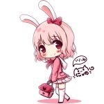  1girl animal_ears bag bangs blush bow bunny_ears chibi closed_mouth colored_shadow commentary_request dated eyebrows_visible_through_hair hair_between_eyes hair_bow heart holding holding_bag long_hair neckerchief nyano21 original pink_hair pink_sweater pleated_skirt polka_dot polka_dot_bow red_bow red_eyes red_neckwear sailor_collar school_uniform serafuku shadow signature skirt smile solo sweater thighhighs white_background white_legwear white_sailor_collar white_skirt 