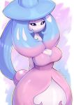  2019 abstract_background absurd_res big_breasts black_sclera blue_hair breasts cleavage clothed clothing evomanaphy female hair hands_behind_back hat hatterene headgear headwear hi_res humanoid looking_at_viewer multicolored_hair nintendo not_furry pink_hair pok&eacute;mon pok&eacute;mon_(species) pok&eacute;morph smile solo two_tone_hair video_games white_eyes 