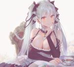  1girl azur_lane between_breasts blush bow breasts choker cleavage closed_mouth cup dress earrings eyebrows_visible_through_hair finger_to_mouth food formidable_(azur_lane) hair_bow highres jewelry large_breasts lino_chang long_hair macaron nail_polish orange_eyes silver_hair simple_background sitting smile solo teacup twintails 