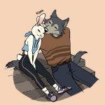  1:1 2019 anthro anthro_on_anthro beastars bottomwear canid canine canis claws clothed clothing duo eyes_closed footwear fully_clothed fur grey_body grey_fur haru_(beastars) inner_ear_fluff kissing lagomorph legosi_(beastars) leporid mammal pants rabbit scut_tail shirt shoes sitting tank_top topwear tuft vuulkus white_body white_fur wolf 