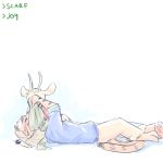  1:1 2019 ambiguous_gender anthro antlers barefoot blush cameron_(zootopia_fan_character) cervid clothed clothing disney duo english_text fan_character felid head_on_lap head_tuft hi_res horn ittybittykittytittys jamie_(zootopia_fan_character) lying mammal on_back on_lap pantherine pawpads scarf simple_background sitting text tiger tuft white_background zootopia 