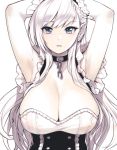  1girl armpits arms_up azur_lane bangs belfast_(azur_lane) braid breasts broken broken_chain chain cleavage collar commentary_request corset eyebrows_visible_through_hair french_braid frills large_breasts long_hair looking_at_viewer maid maid_dress maid_headdress parted_lips purple_eyes silver_hair sunaba_suzume swept_bangs 