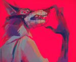  abstract beastars canid canine canis claws clothing hi_res legosi_(beastars) male mammal mixotito muzzle_(object) muzzled red_background shirt simple_background suspenders topwear wolf 