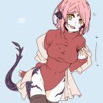  au_ra breasts covered_navel final_fantasy final_fantasy_xiv horns leotard lili_mdoki medium_breasts pink_hair scales scarf scarf_removed skindentation sweater tail thighhighs thighs yellow_eyes 