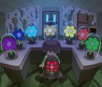  1other :| aqua_flower argyle argyle_background backlighting blue_flower brown_hair brown_pants cage closed_mouth deltarune door expressionless fisheye flower flower_shop glass_container green_flower green_sweater hair_over_eyes hidden_eyes highres houten_(dre_a_mer) kris_(deltarune) orange_flower pants purple_flower red_flower refrigerator shop sitting solo sweater television television_screen yellow_flower 