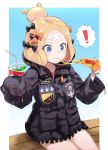  ! 1girl abigail_williams_(fate/grand_order) bangs bendy_straw black_bow black_jacket blonde_hair blue_eyes bow closed_mouth commentary_request crossed_bandaids cup disposable_cup drink drinking_straw eating eyebrows_visible_through_hair fate/grand_order fate_(series) food hair_bow hair_bun heroic_spirit_traveling_outfit highres holding holding_cup holding_food jacket key long_hair long_sleeves looking_away orange_bow parted_bangs pizza sitting sleeves_past_fingers sleeves_past_wrists slice_of_pizza solo spoken_exclamation_mark star usuaji 