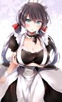  1girl apron aqua_eyes arm_under_breasts azur_lane bangs bare_shoulders black_hair blush bow breast_hold breasts choker cleavage commentary_request dress eyebrows_visible_through_hair floral_background frown glasgow_(azur_lane) gradient gradient_background hair_bow highres large_breasts long_hair looking_at_viewer low_twintails maid_apron maid_dress maid_headdress multicolored multicolored_background neofreet open_mouth red_bow shiny shiny_hair shiny_skin sleeveless solo tied_hair twintails wrist_cuffs 