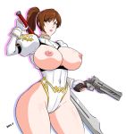  1girl breasts brown_hair capcom devil-v devil_may_cry devil_may_cry_4 gun highres huge_breasts kyrie nipples weapon 