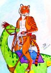  bulge clothing dinosaur drakonishimurasan felid hi_res invalid_tag mammal pantherine reptile riding saddle scalie tiger traditional_media_(artwork) 