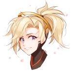  1girl artist_name bangs blonde_hair blue_eyes halo high_ponytail long_hair looking_at_viewer maro_(lij512) mechanical_halo mercy_(overwatch) open_mouth overwatch petals ponytail simple_background smile solo teeth white_background 