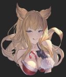  1girl :q animal_ears bangs bare_shoulders betabeet between_breasts black_background black_gloves breasts brown_eyes brown_hair candy candy_cane cleavage closed_mouth collarbone commentary cropped_torso erune food food_on_face fur-trimmed_gloves fur_trim gloves granblue_fantasy highres index_finger_raised large_breasts looking_at_viewer metera_(granblue_fantasy) mole mole_under_mouth naughty_face simple_background smile solo strapless tongue tongue_out 