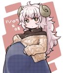  1girl :o abstract_background big_belly brown_eyes dated eyebrows_visible_through_hair grey_hair hand_on_own_stomach highres horns kugelschreiber long_hair looking_at_viewer messy_hair original pregnant sheep_girl sheep_horns skirt solo turtleneck 