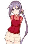  1girl absurdres akebono_(kantai_collection) bangs blush brown_skirt cat_hair_ornament closed_mouth commentary_request eyebrows_visible_through_hair hair_between_eyes hair_ornament highres ichi kantai_collection long_hair looking_away looking_to_the_side orange_shirt purple_eyes purple_hair red_vest shirt side_ponytail sidelocks simple_background skirt solo very_long_hair vest white_background 