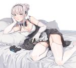  1girl apron armpit_peek bare_shoulders bed black_dress bow bowtie breasts cheek_rest cleavage collarbone controller detached_collar dress dualshock elbow_gloves expressionless fangxiang_cuoluan frilled_dress frills game_controller gamepad garter_straps gloves grey_eyes grey_hair hair_bun large_breasts long_hair looking_at_viewer maid maid_apron maid_headdress no_shoes on_bed original pillow playstation_controller remote_control sidelocks simple_background skindentation sleeveless sleeveless_dress solo thighhighs tied_hair waist_apron white_background white_gloves white_legwear zettai_ryouiki 