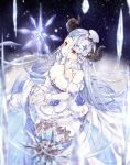  1girl 218 blue_hair breasts brown_eyes cleavage crystal detached_sleeves draph dress gloves granblue_fantasy hat horns ice izmir large_breasts long_dress long_hair mole mole_under_mouth pointy_ears very_long_hair white_gloves 