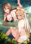  2girls ;d absurdres artist_request ass atelier_(series) atelier_ryza barefoot bikini black_bikini bow braid breasts cleavage crown_braid day gold_hairband hair_bow hairband highres large_breasts lying multiple_girls on_stomach one_eye_closed open_mouth outdoors partially_submerged reisalin_stout side-tie_bikini sitting smile swimsuit water white_bikini white_bow 