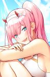  1girl :d bangs blue_sky breasts cloud darling_in_the_franxx day eyebrows_visible_through_hair fang large_breasts light_rays long_hair looking_at_viewer one-piece_swimsuit open_mouth pink_hair ponytail red_horns sitting sky smile solo sunbeam sunlight swimsuit toma_(norishio) white_swimsuit zero_two_(darling_in_the_franxx) 