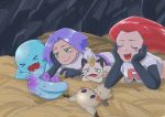  1boy 1girl closed_eyes commentary_request gen_1_pokemon gen_2_pokemon gen_7_pokemon green_eyes highres kojirou_(pokemon) mareanie meowth mimikyu musashi_(pokemon) pokemon pokemon_(anime) pokemon_(creature) pokemon_sm_(anime) purple_hair red_hair shiroineko0220 sleeping team_rocket wobbuffet 