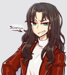  1boy 1girl black_hair blazer blue_eyes earrings fate/stay_night fate_(series) grey_background grin jacket jewelry long_hair looking_at_viewer simple_background smile solo tenk toosaka_rin turtleneck 