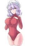  1girl alternate_costume breasts commentary_request covered_navel cowboy_shot cropped_legs groin hands_on_own_chest highres large_breasts lavender_hair leotard letty_whiterock long_sleeves looking_at_viewer purple_eyes red_leotard short_hair simple_background solo standing thighs touhou triangular_headpiece turtleneck turtleneck_leotard white_background white_headwear y2 