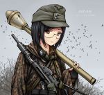  1girl absurdres black_hair brown_eyes camouflage commentary explosive german_commentary germany glasses grenade gun hat highres looking_at_viewer military military_hat nazi outdoors panzerfaust reichsadler short_hair soldier solo ss_insignia stielhandgranate submachine_gun weapon weapon_request world_war_ii zap-nik 
