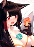  /\/\/\ 1girl akagi_(azur_lane) animal_ears azur_lane bangs black_gloves black_hair blunt_bangs blush breasts cleavage collarbone commentary_request eyebrows_visible_through_hair food food_on_breasts fox_ears fox_girl fox_tail gloves highres holding holding_food huskk ice_cream ice_cream_cone large_breasts mixed-language_commentary motion_lines open_mouth red_eyes ribbon_trim simple_background solo surprised sweat tail upper_body white_background wide-eyed 