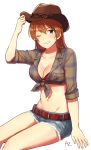  1girl arm_up azu_(yamahasu1245) belt bikini bikini_top bikini_under_clothes blue_eyes blush breast_pocket breasts brown_hair brown_headwear brown_shirt charlotte_e_yeager cleavage collarbone cowboy_hat crop_top cutoffs denim denim_shorts eyebrows_visible_through_hair front-tie_top grin groin hand_on_headwear hat highres invisible_chair long_hair looking_at_viewer medium_breasts midriff navel one_eye_closed parted_lips plaid plaid_shirt pocket red_bikini_top shiny shiny_hair shirt short_shorts short_sleeves shorts simple_background sitting smile solo strike_witches swimsuit teeth thighs tied_shirt white_background wing_collar world_witches_series 