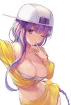  asymmetrical_hair backwards_hat bandeau bangs bare_shoulders baseball_cap bb_(fate)_(all) bb_(swimsuit_mooncancer)_(fate) blush braid breasts cleavage collarbone fate/grand_order fate_(series) fingers_to_chin hat highres jacket long_hair looking_at_viewer navel off_shoulder one_eye_closed open_mouth outstretched_arm purple_eyes purple_hair self_shot single_braid skirt solo very_long_hair vivivivi white_headwear yellow_jacket yellow_skirt 