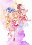  3girls aikatsu! aikatsu!_(series) ballerina ballet_slippers bangs blonde_hair blue_eyes blue_hair breasts brown_hair cleavage dancing flower hair_flower hair_ornament highres hoshimiya_ichigo jewelry katou_akatsuki kiriya_aoi leotard long_hair looking_at_another looking_to_the_side multiple_girls necklace outstretched_arms purple_eyes shibuki_ran side_ponytail smile standing standing_on_one_leg yellow_eyes 