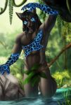  5_fingers anthro black_hair blue_eyes canid canine canis chimera day detailed_background elvofirida fingers forest grass hair hi_res hybrid male mammal outside smile solo tree wolf 