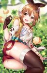  1girl :d artist_name ass atelier_(series) atelier_ryza bangs bare_shoulders belt belt_buckle beret blue_belt blurry blurry_foreground blush breasts brown_eyes brown_flower brown_gloves brown_hair brown_legwear buckle cleavage clover commentary_request depth_of_field eyebrows_visible_through_hair flower four-leaf_clover gloves hair_between_eyes hair_ornament hairclip hat highres jacket jewelry looking_at_viewer medium_breasts necklace open_clothes open_jacket open_mouth puffy_short_sleeves puffy_sleeves red_shorts reisalin_stout round_teeth shirt short_shorts short_sleeves shorts single_glove sleeveless sleeveless_jacket smile solo squchan star star_necklace teeth thighhighs upper_teeth watermark web_address white_headwear white_legwear white_shirt yellow_jacket 