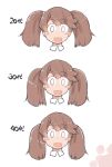  1girl :d age_progression blush_stickers brown_hair commentary enjaku_izuku eyebrows_visible_through_hair highres kantai_collection open_mouth ryuujou_(kantai_collection) simple_background smile translated twintails 