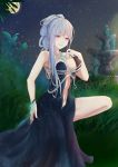  absurdres ak-12_(girls_frontline) alternate_costume bangs bare_shoulders blue_dress bracelet breasts cleavage commentary_request dress eyebrows_visible_through_hair fountain girls_frontline grass hair_up highres hiroshi_(2443303124) jewelry large_breasts looking_at_viewer moon navel_cutout night night_sky parted_lips pink_eyes side_slit sidelocks silver_hair sky star_(sky) starry_sky strap_pull thighs updo water 