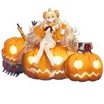  1girl alternate_costume baggy_clothes bangs barefoot blonde_hair blush breasts cardigan cup dinergate_(girls_frontline) dress fabarm_sat-8 feet food food_themed_hair_ornament full_body girls_frontline green_eyes gun hair_between_eyes hair_ornament hair_scrunchie hairclip halloween highres holding holding_cup logo long_hair looking_at_viewer low-tied_long_hair low_twintails medium_breasts messy_hair moon_print neckerchief nin off_shoulder official_art open_cardigan open_clothes orange_sailor_collar orange_scrunchie orange_sweater pumpkin pumpkin_hair_ornament pumpkin_soup red_neckwear s.a.t.8_(girls_frontline) sailor_collar sailor_dress scrunchie shotgun sidelocks sitting smile star star_print sweater transparent_background twintails very_long_hair watermark weapon white_dress 