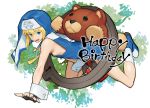  1boy blonde_hair blue_eyes bridget_(guilty_gear) dated fingerless_gloves gloves guilty_gear habit hair_between_eyes happy_birthday highres long_hair male_focus nun open_mouth otoko_no_ko oversized_object smile solo stuffed_animal stuffed_toy teddy_bear twitter_username upper_body wrist_cuffs yo-yo zaki_(narashigeo) 