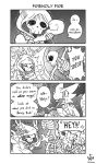  2019 ambiguous_gender animated_skeleton blush bodily_fluids bone buckler cave coal_(rakkuguy) comic dialogue english_text eyes_closed fight hi_res holding_object holding_staff holding_sword holding_weapon kobold lime_(rakkuguy) magic melee_weapon rakkuguy scalie shelley_(rakkuguy) skeleton speech_bubble staff sweat sweatdrop sword tears text undead weapon yelling 