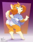  2019 alternate_species anthro barefoot big_breasts blonde_hair blue_eyes breasts butt canid canine canis clothing daisy_(jklind) domestic_dog dress female hair herding_dog jklind looking_back mammal open_mouth pastoral_dog pawpads short_stack simple_background solo standing thick_thighs underwear welsh_corgi 