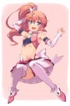  1girl :d amatsuki_meguru angel_rose arm_up bangs bare_shoulders blue_eyes breasts detached_sleeves eyebrows_visible_through_hair full_body hair_between_eyes highres long_hair looking_at_viewer magical_girl michairu midriff navel open_mouth orange_hair petticoat pink_background pink_footwear shoes side_ponytail simple_background skirt small_breasts smile solo thighhighs twin_angel twin_angel_break white_legwear 