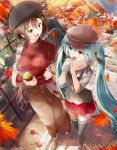  2girls aqua_eyes aqua_hair autumn_leaves beret black_headwear black_legwear brown_eyes brown_hair brown_skirt building cabbie_hat calendar_(medium) collarbone commentary daidou_(demitasse) day dress eating food foreshortening from_above handrail hands_up hat hatsune_miku highres holding holding_food leaf light_blush long_hair looking_at_another maple_leaf meiko miniskirt multiple_girls outdoors plaid plaid_scarf red_headwear red_skirt red_sweater scarf shirt shoes short_hair skirt spaghetti_strap stairs striped striped_shirt sweater sweet_potato thighhighs turtleneck turtleneck_sweater twintails very_long_hair vocaloid walking yakiimo zettai_ryouiki 