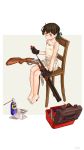 1girl barefoot bloomers brown_hair camisole chair cleaning_weapon commentary failure_penguin gloves gun highres kantai_collection kasuga_maru_(kantai_collection) kuro4221 miss_cloud orange_eyes shotgun simple_background sitting solo toolbox underwear wd-40 weapon 
