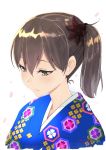  1girl alternate_costume blue_kimono brown_eyes brown_hair commentary commentary_request floral_print flower hair_flower hair_ornament highres japanese_clothes kaga_(kantai_collection) kantai_collection kimono masukuza_j petals print_kimono side_ponytail 