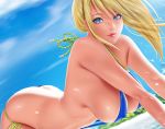  ass bikini blonde_hair blue_eyes breasts clouds cropped erect_nipples long_hair metroid ponytail samus_aran sideboob sky swimsuit waifu2x yq 